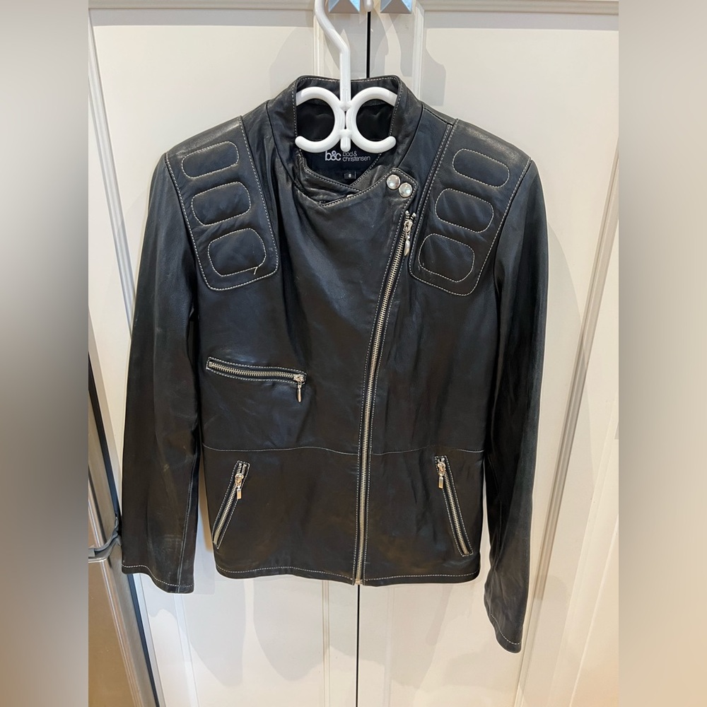 B&C Bod and Christensen Black Leather Biker Jacket size 8